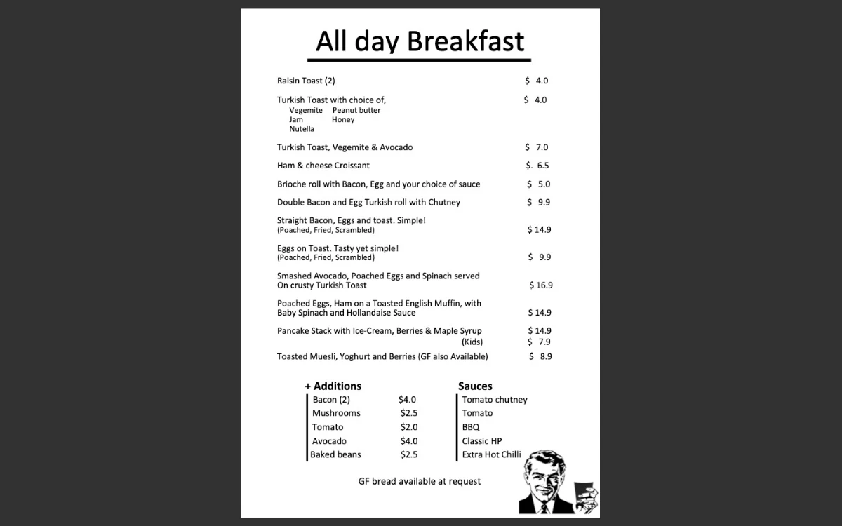 Menu, The Spare Room