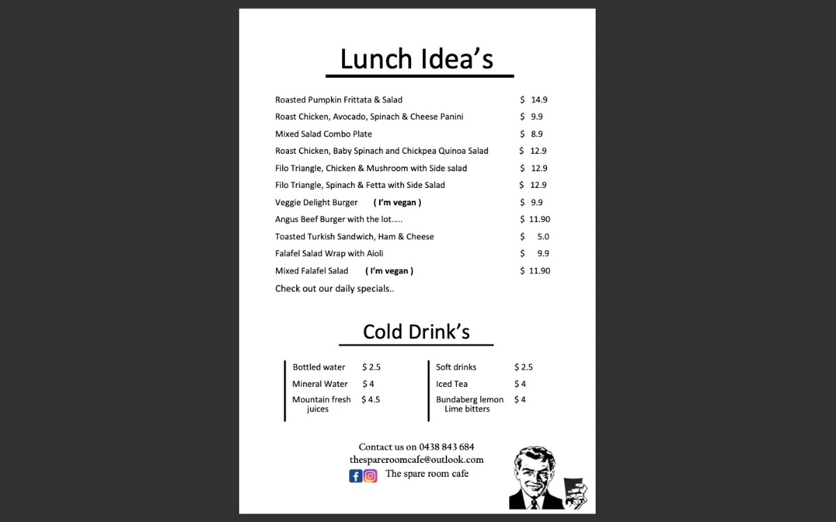 Menu, The Spare Room
