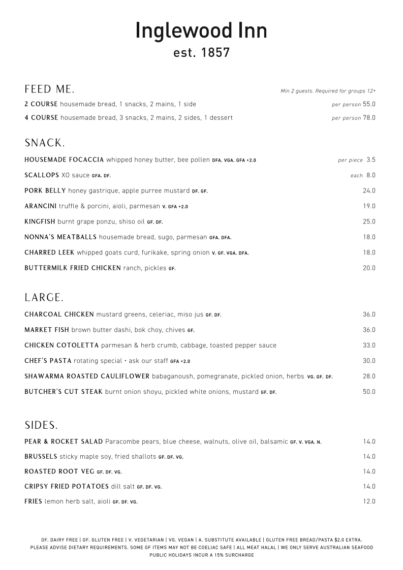 Menu, Inglewood Inn
