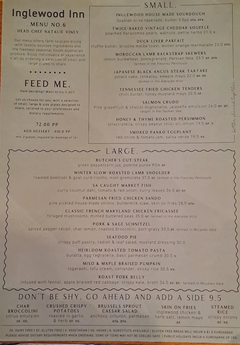 Menu, Inglewood Inn