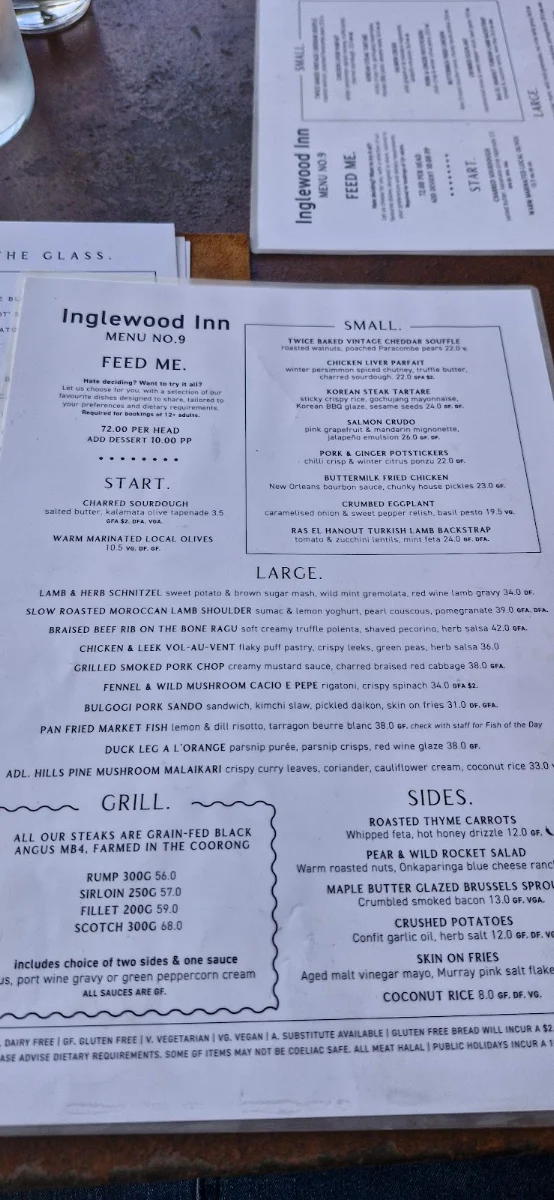 Menu, Inglewood Inn