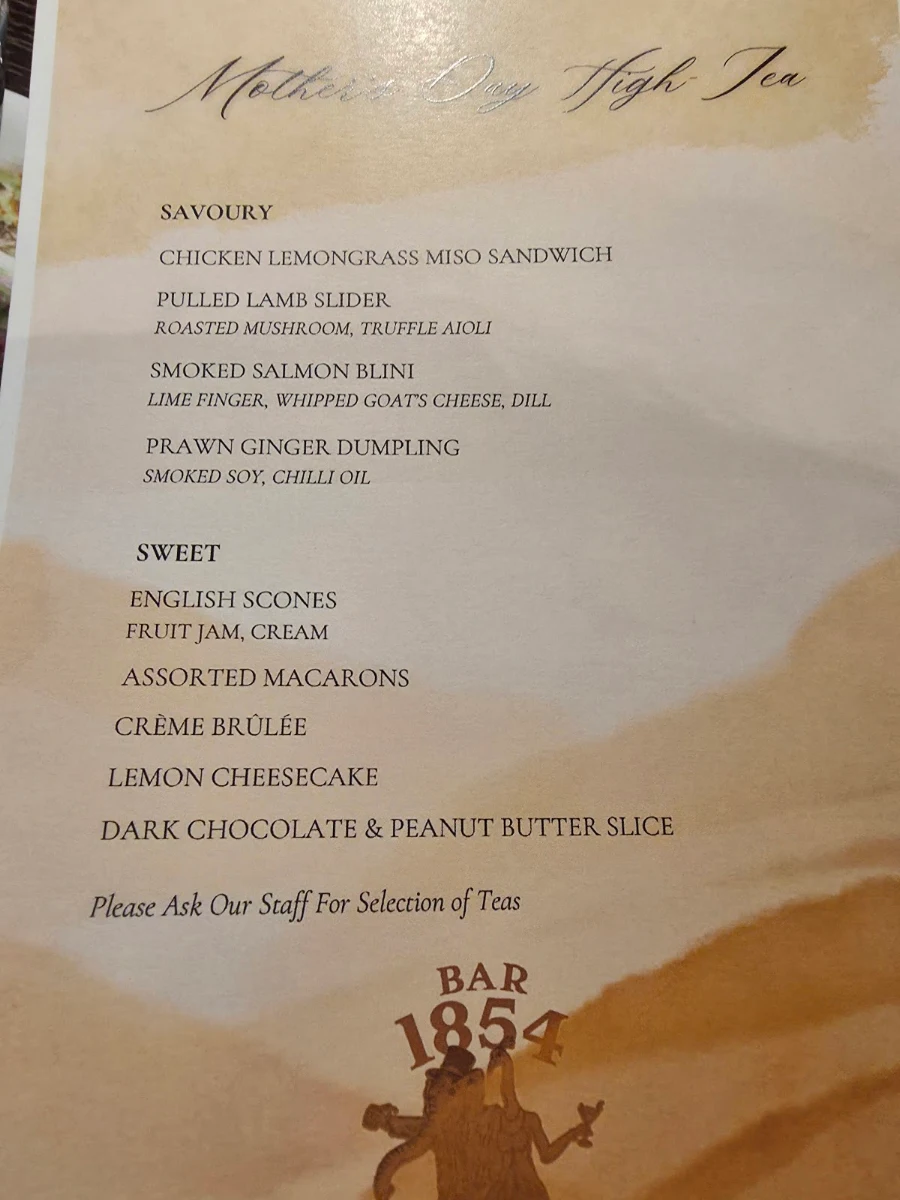 Menu, Cremorne Hotel