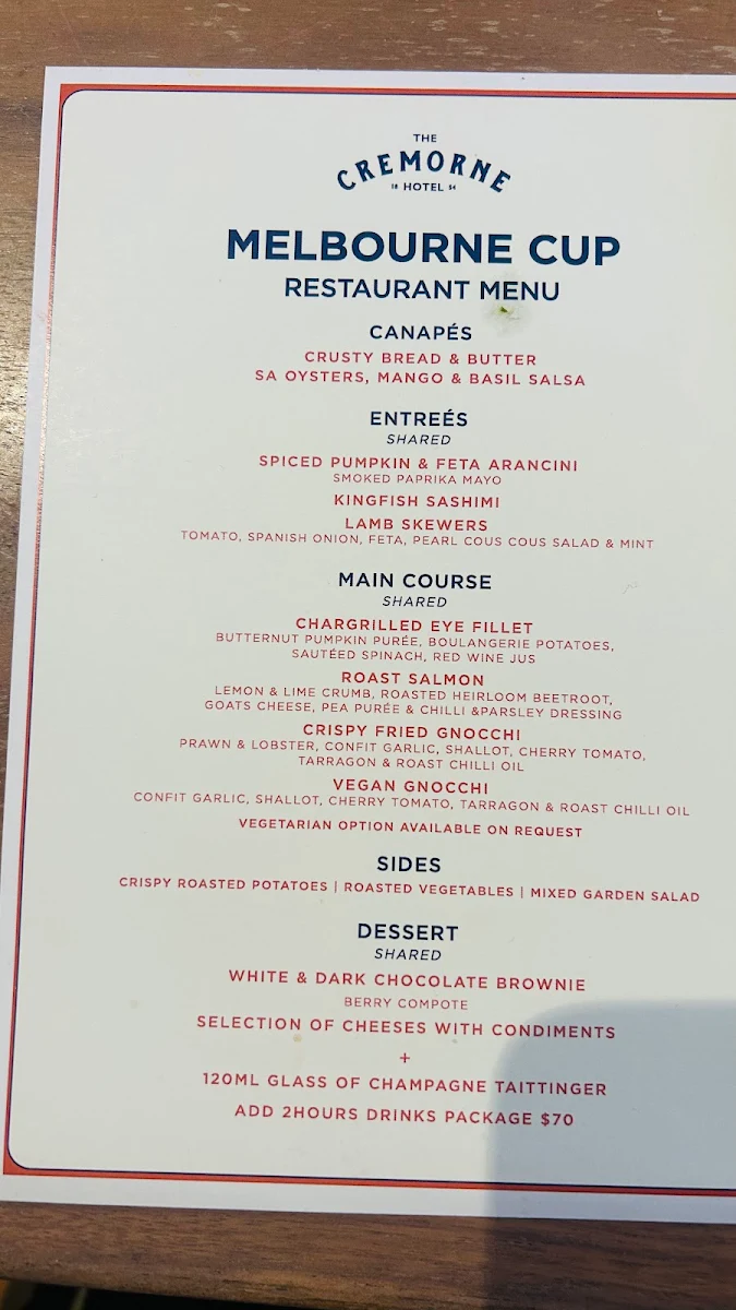 Menu, Cremorne Hotel