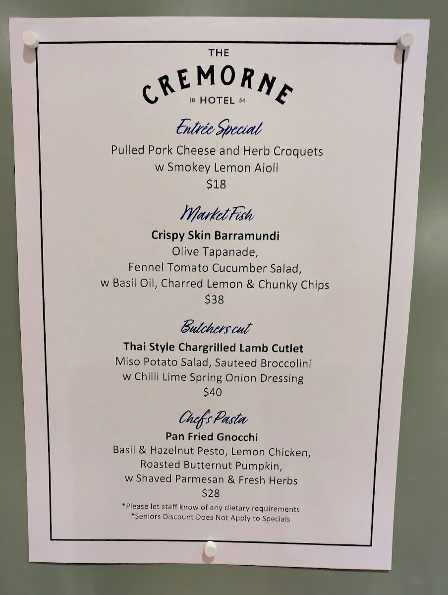 Menu, Cremorne Hotel