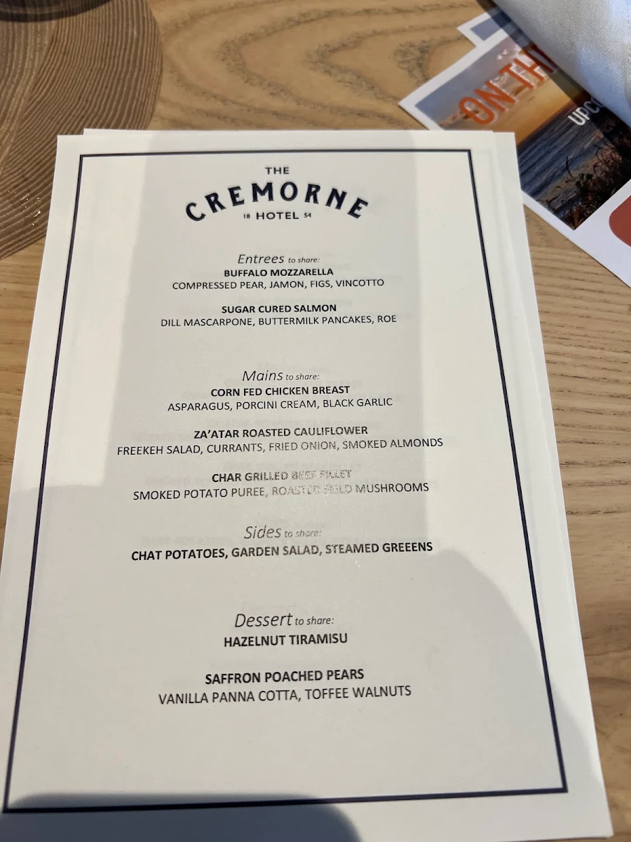 Menu, Cremorne Hotel