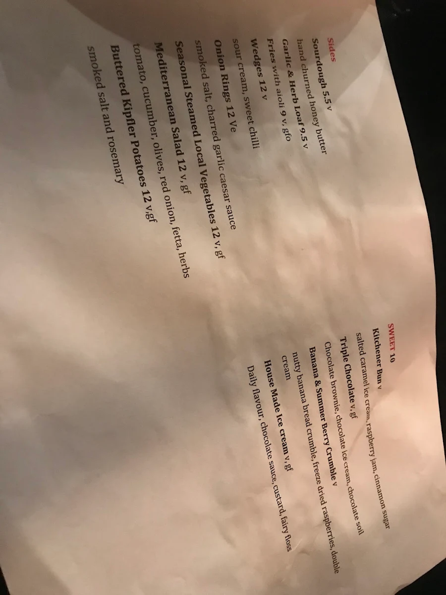 Menu, Cremorne Hotel