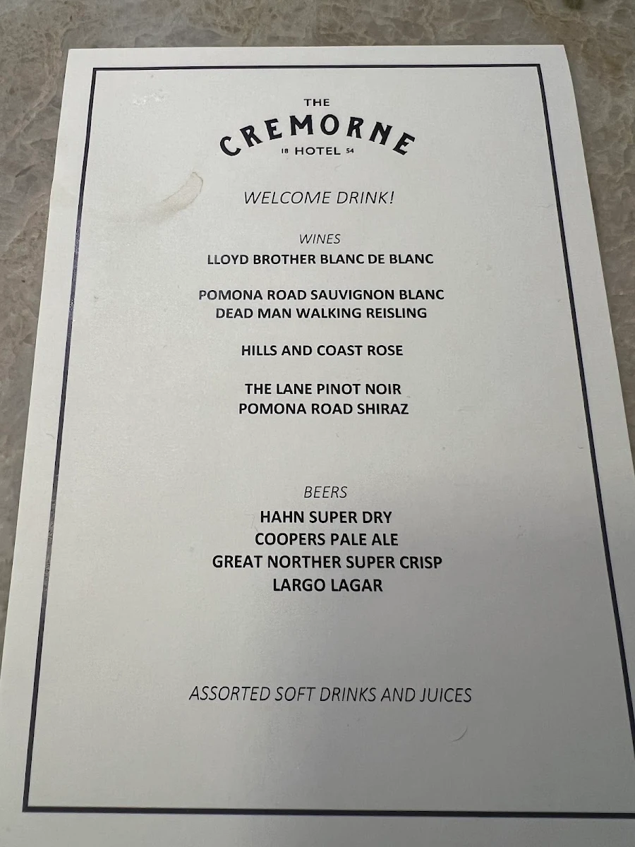 Menu, Cremorne Hotel