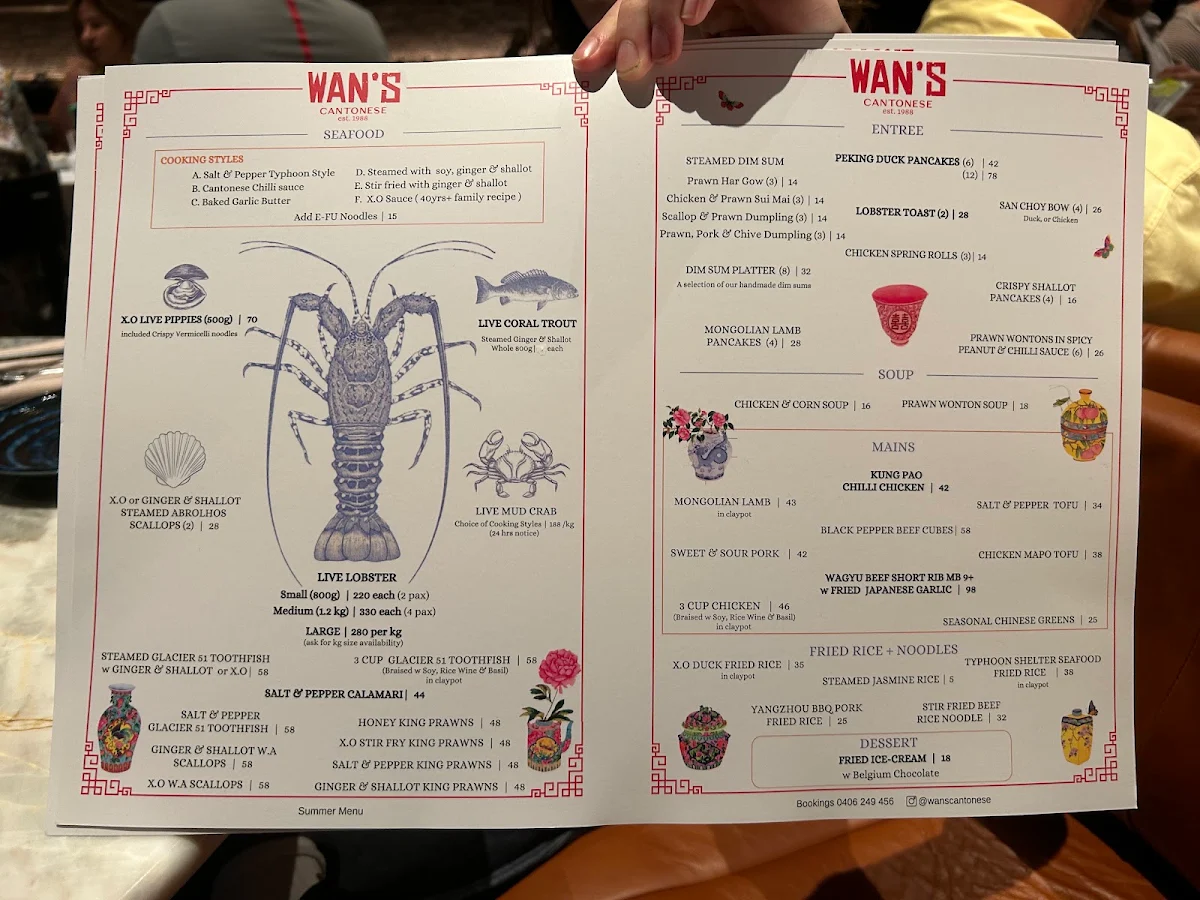 Menu, Wan’s Cantonese