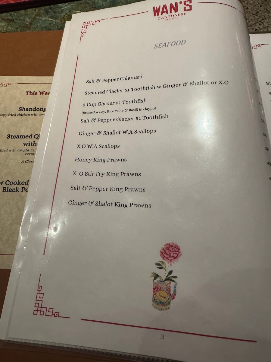Menu, Wan’s Cantonese