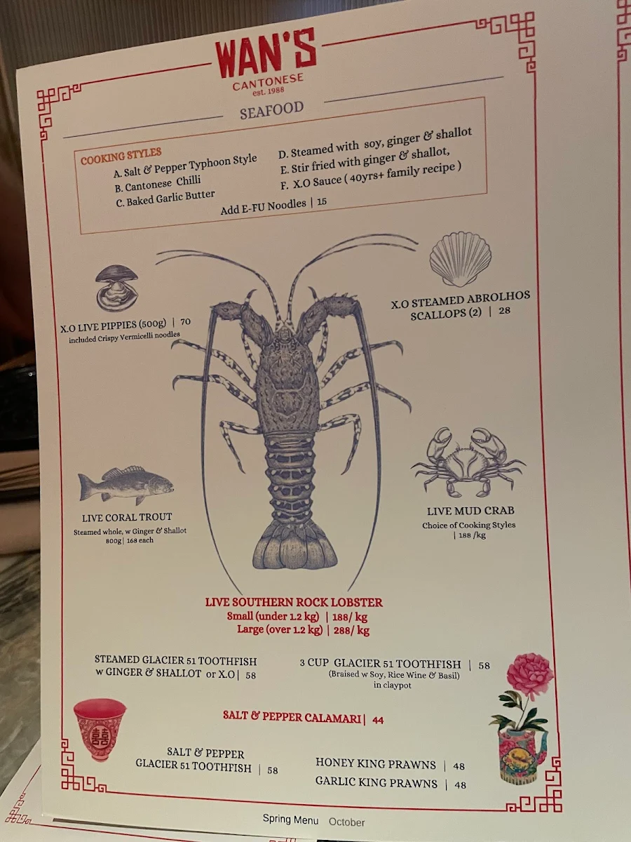 Menu, Wan’s Cantonese