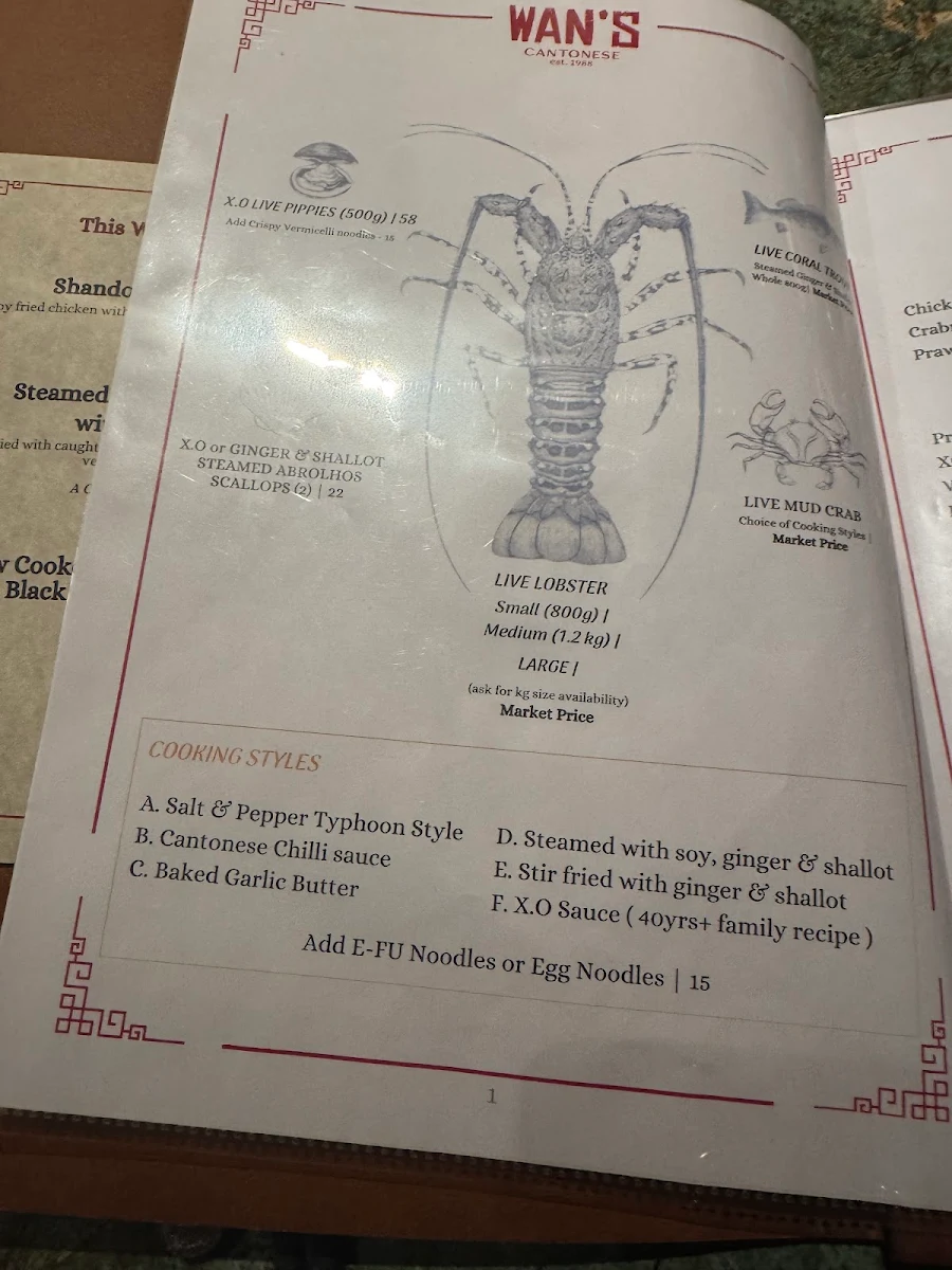 Menu, Wan’s Cantonese