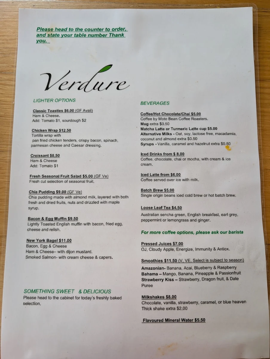 Menu, Verdure Bistro
