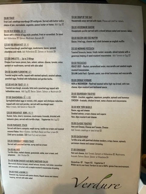 Menu, Verdure Bistro