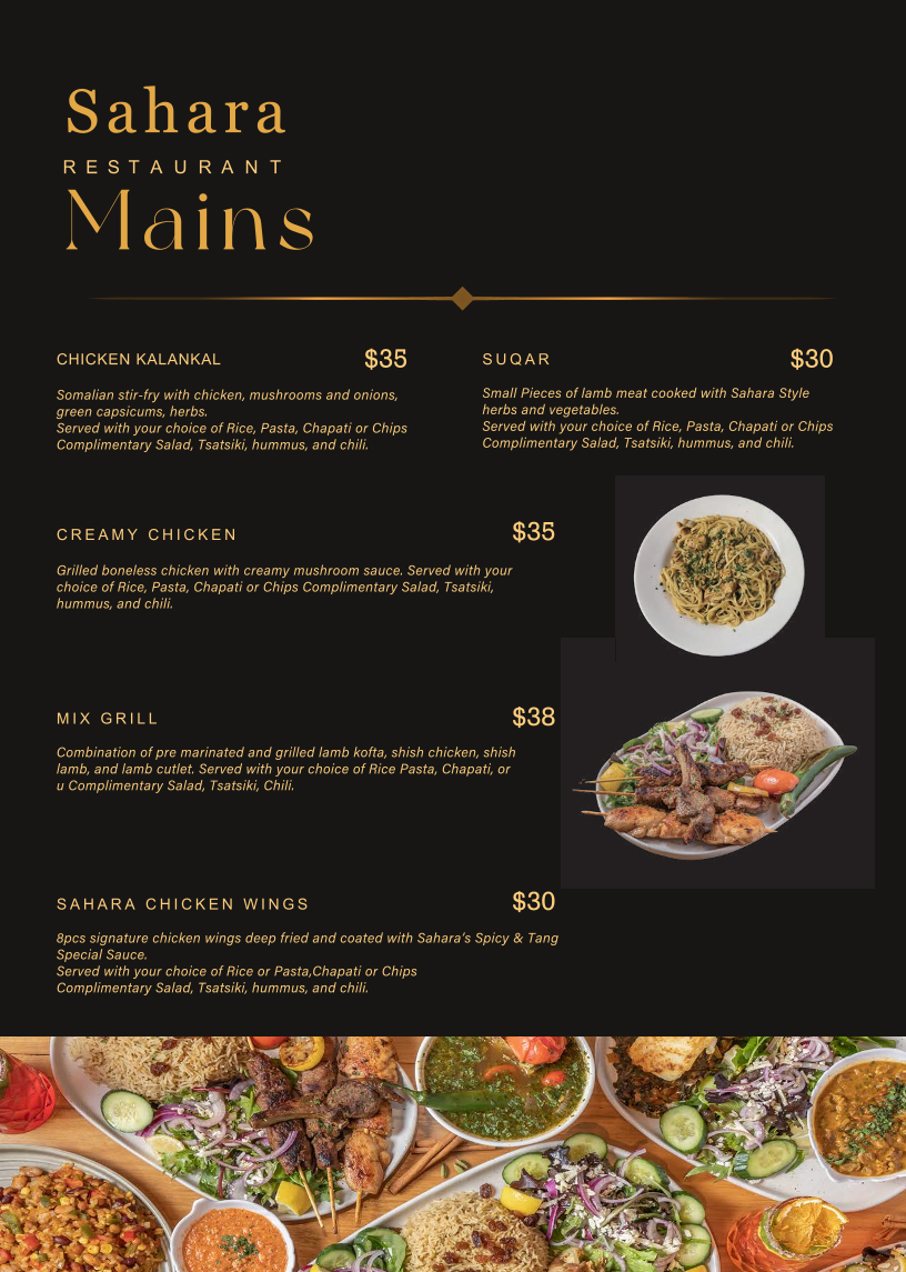 Menu, Sahara Restaurant