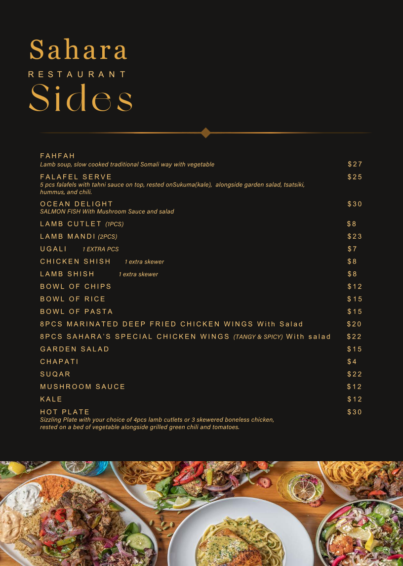 Menu, Sahara Restaurant