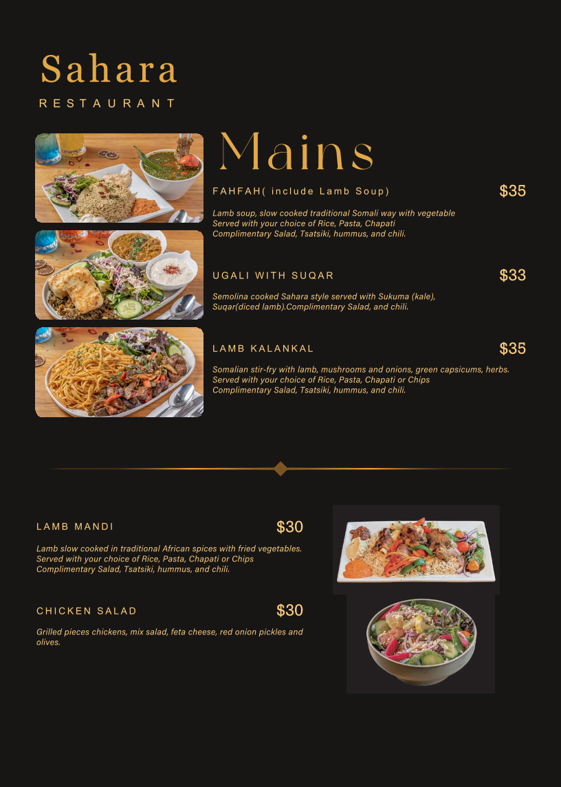 Menu, Sahara Restaurant