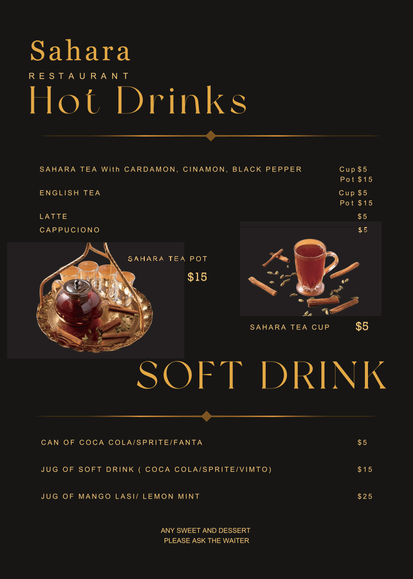 Menu, Sahara Restaurant