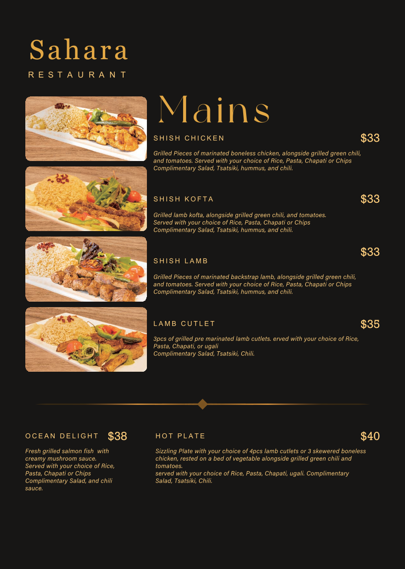 Menu, Sahara Restaurant