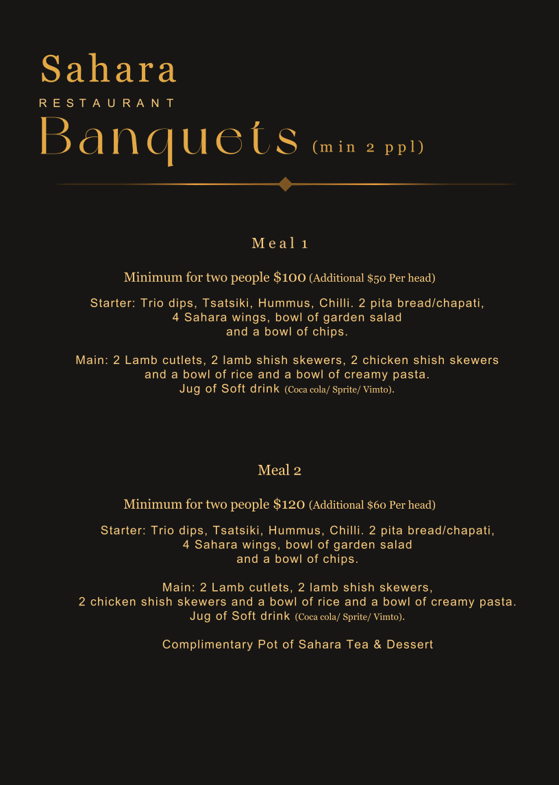 Menu, Sahara Restaurant