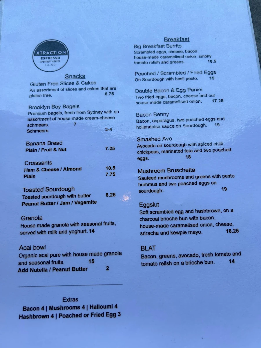 Menu, Xtraction espresso