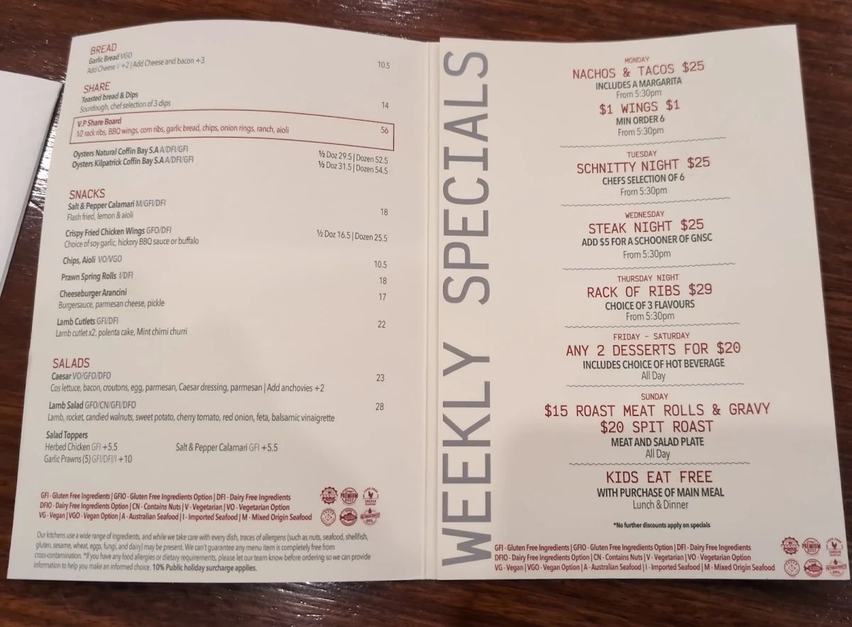 Menu, Victoria Point Tavern