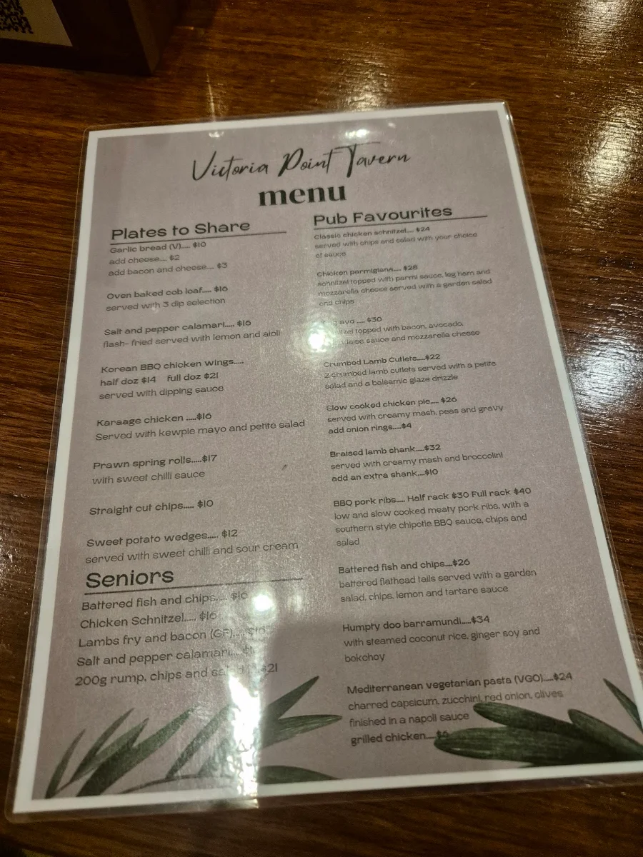 Menu, Victoria Point Tavern