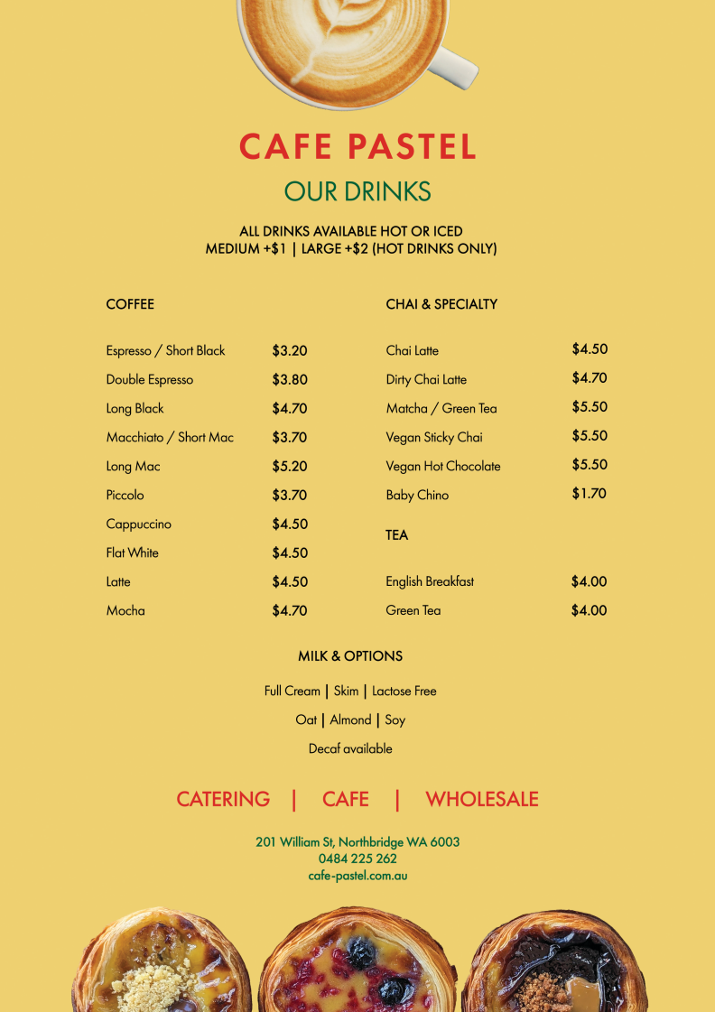 Menu, Cafe Pastel - Portuguese Tart Cafe Perth