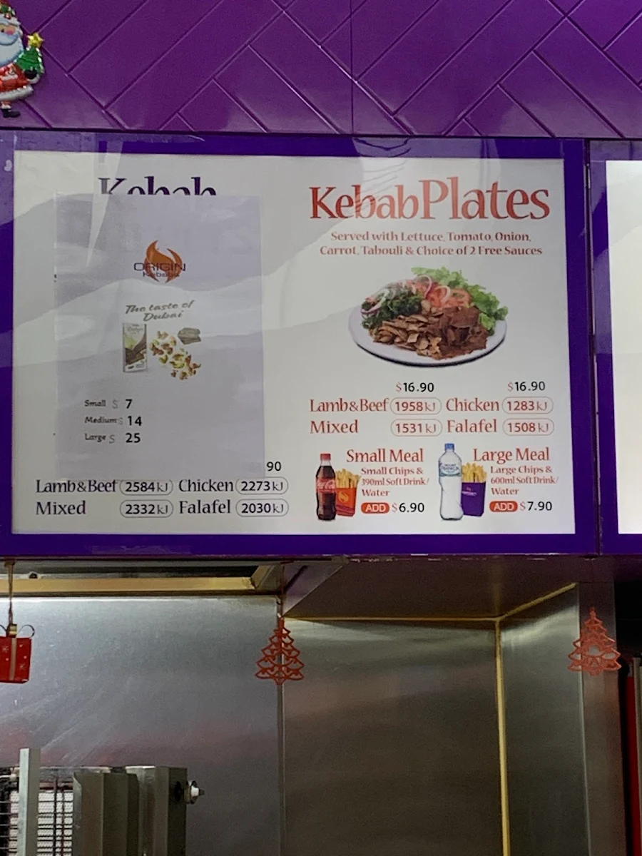Menu, Origin Kebabs North Lakes (Westfield)