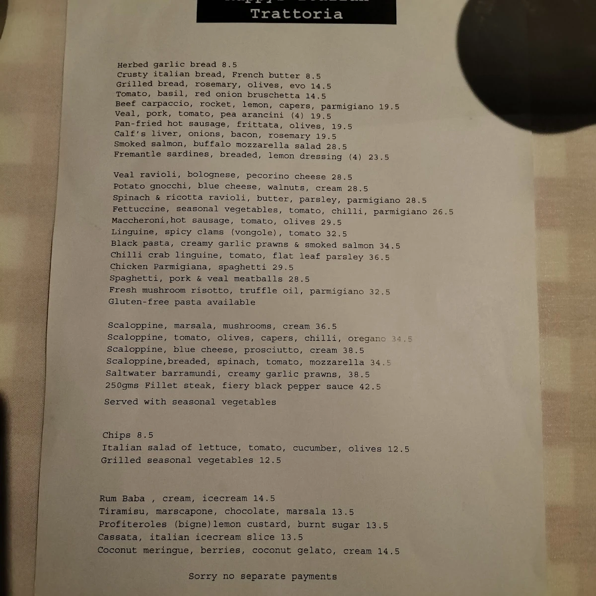 Menu, Kappy's Restaurant