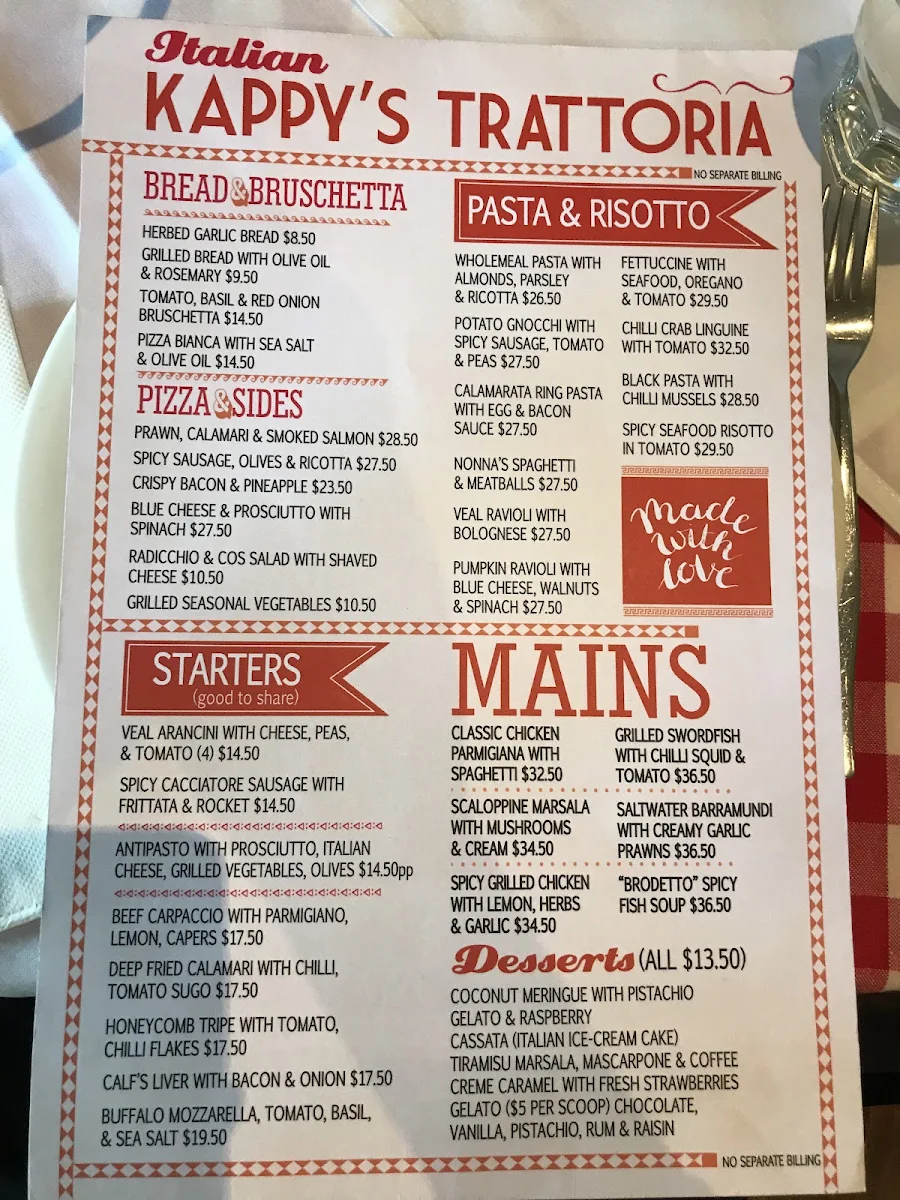 Menu, Kappy's Restaurant