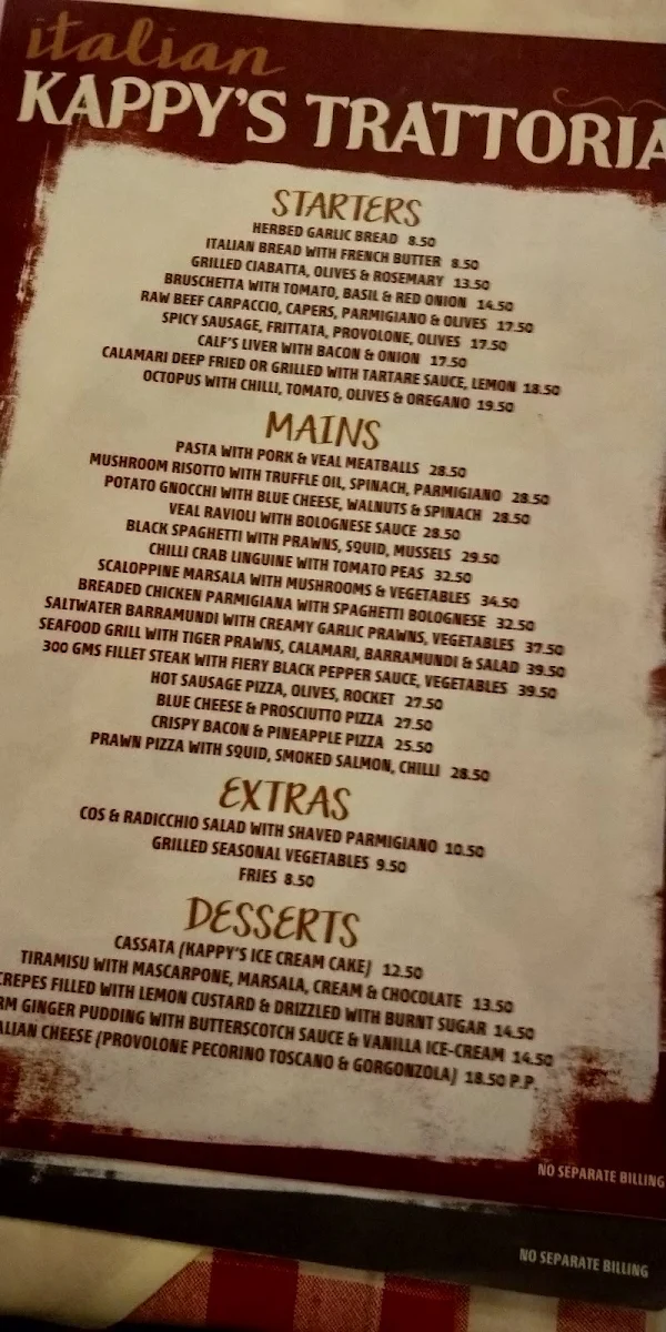 Menu, Kappy's Restaurant