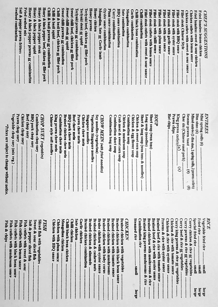 Menu, Fine & Cheap Chinese Take-Away
