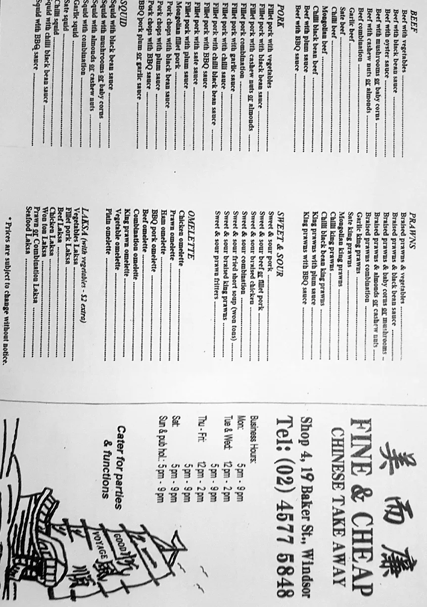 Menu, Fine & Cheap Chinese Take-Away