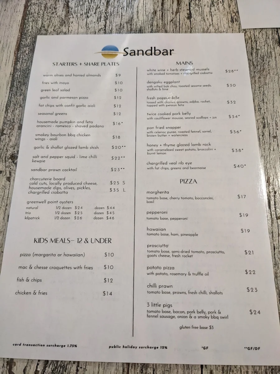 Menu, Sandbar Restaurant & Bar