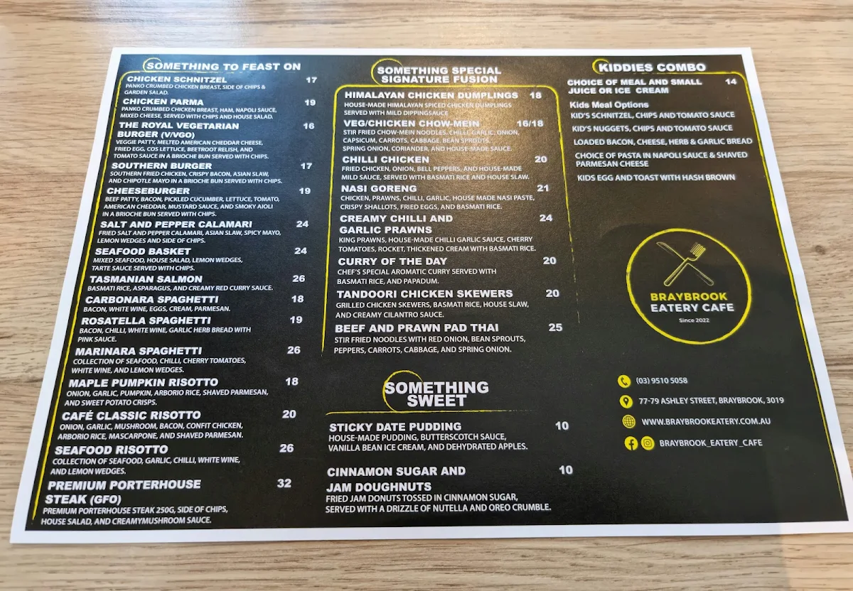 Menu, Braybrook Eatery Cafe