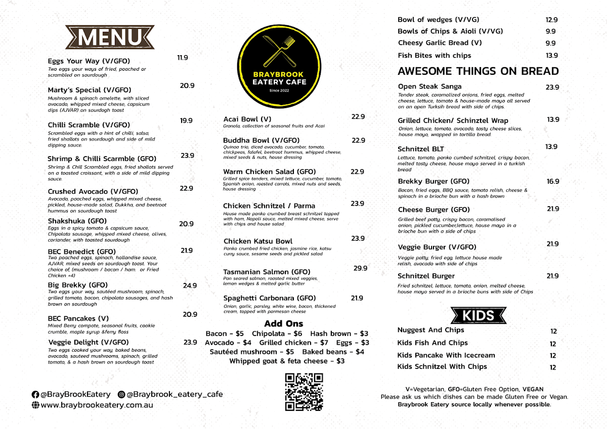 Menu, Braybrook Eatery Cafe