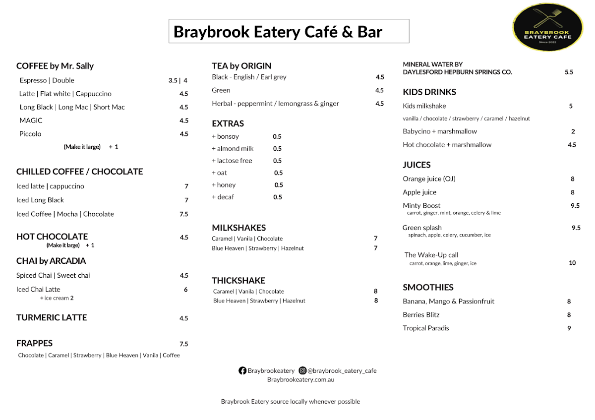 Menu, Braybrook Eatery Cafe