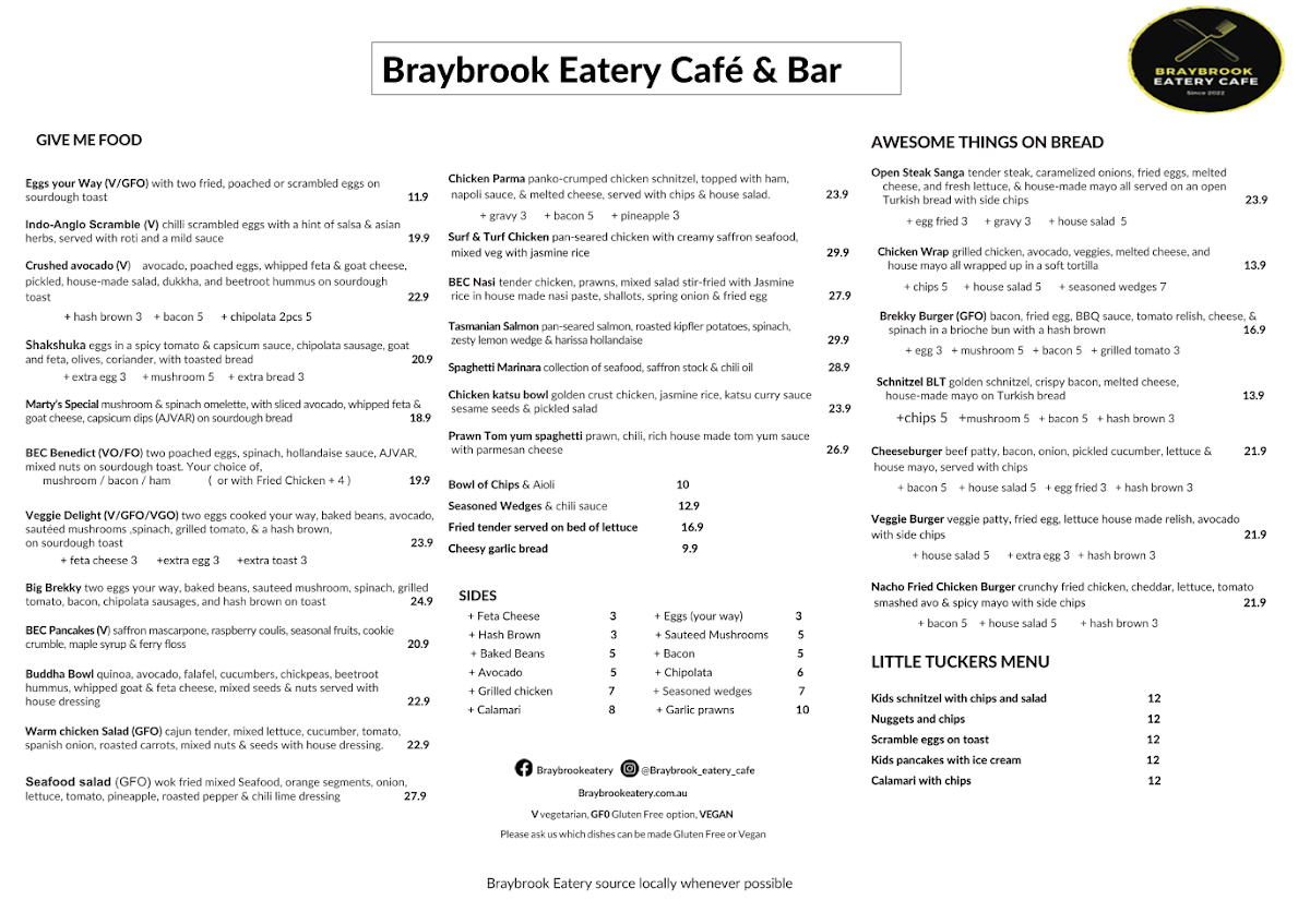 Menu, Braybrook Eatery Cafe