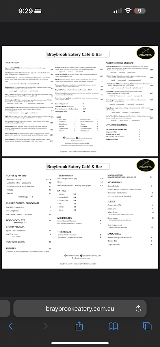 Menu, Braybrook Eatery Cafe