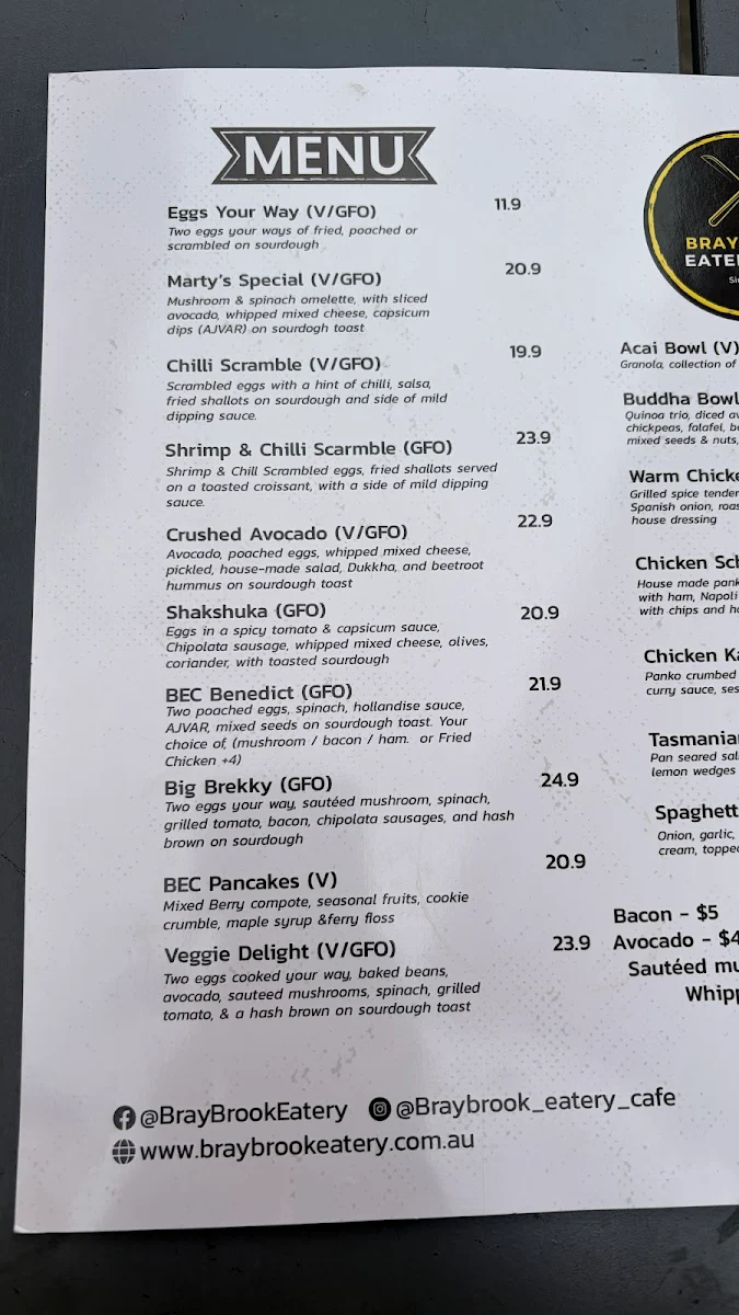 Menu, Braybrook Eatery Cafe