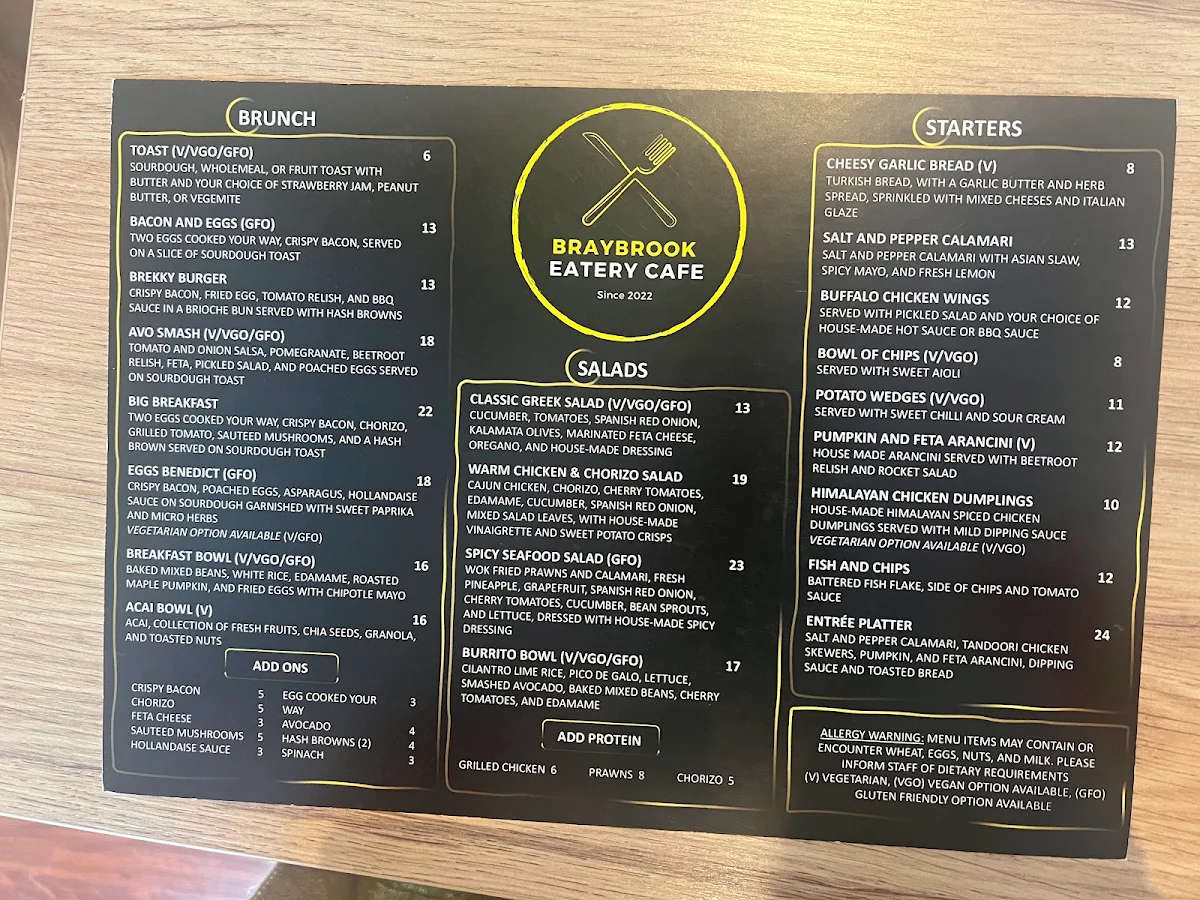 Menu, Braybrook Eatery Cafe
