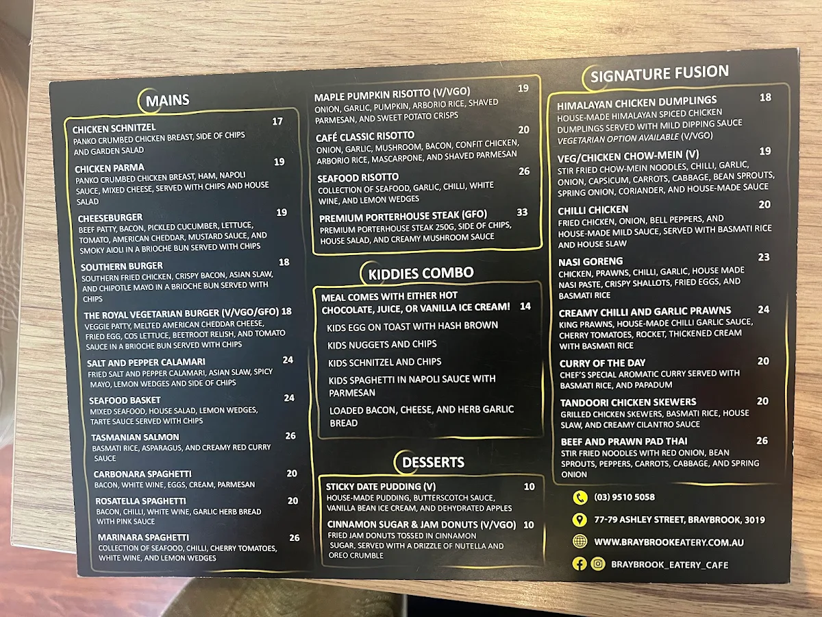 Menu, Braybrook Eatery Cafe