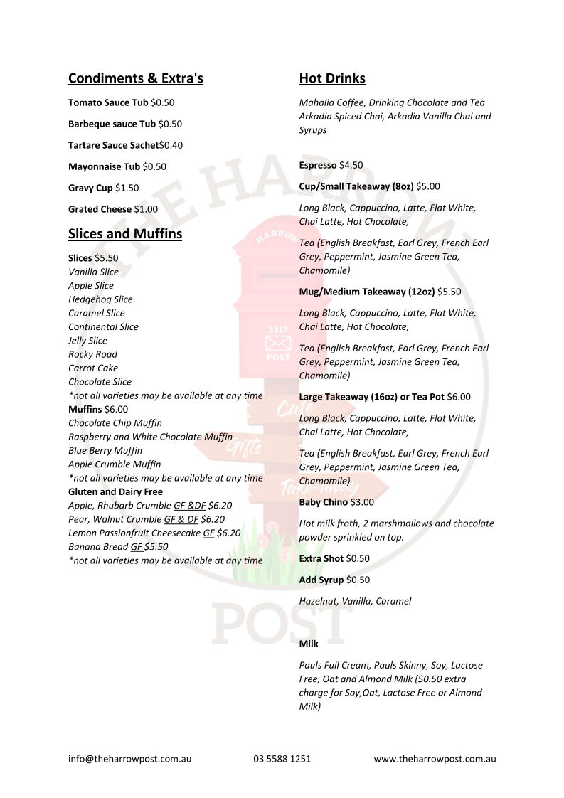 Menu, The Harrow Post