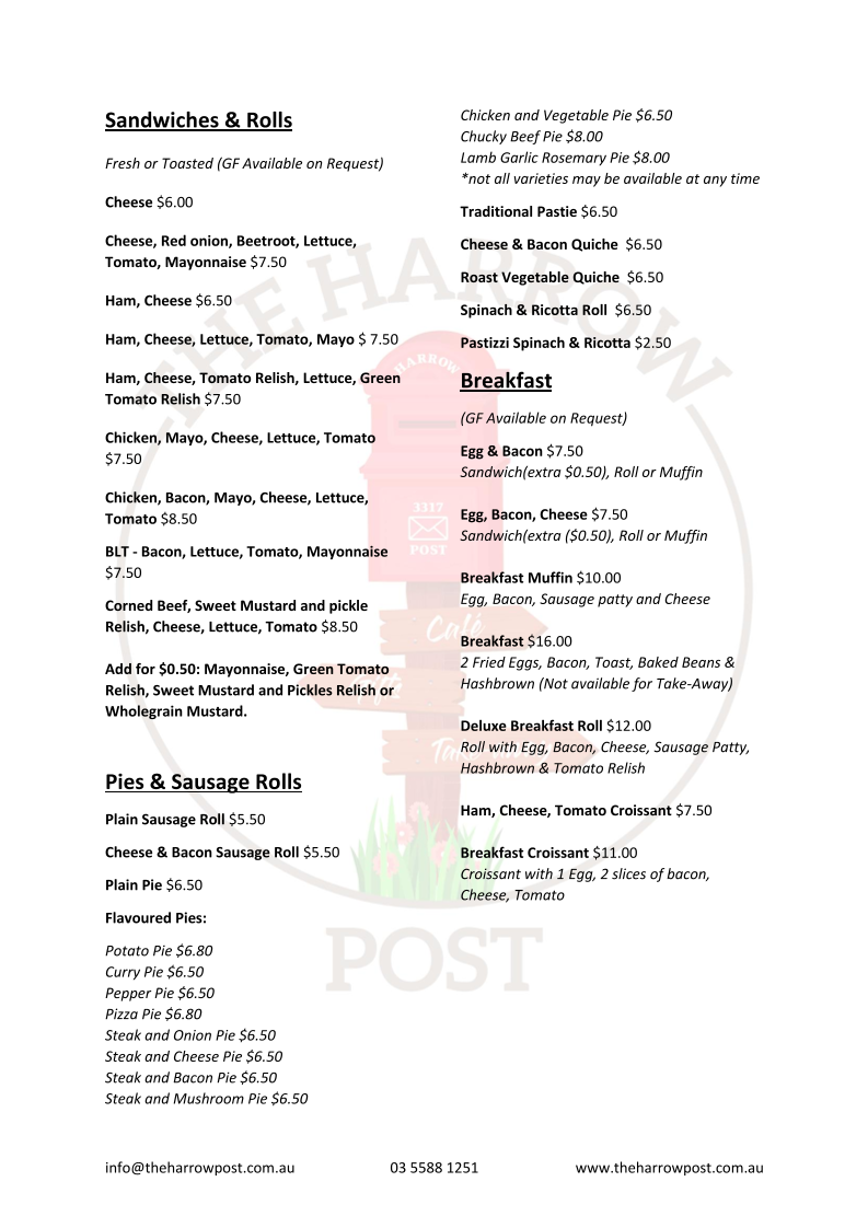Menu, The Harrow Post
