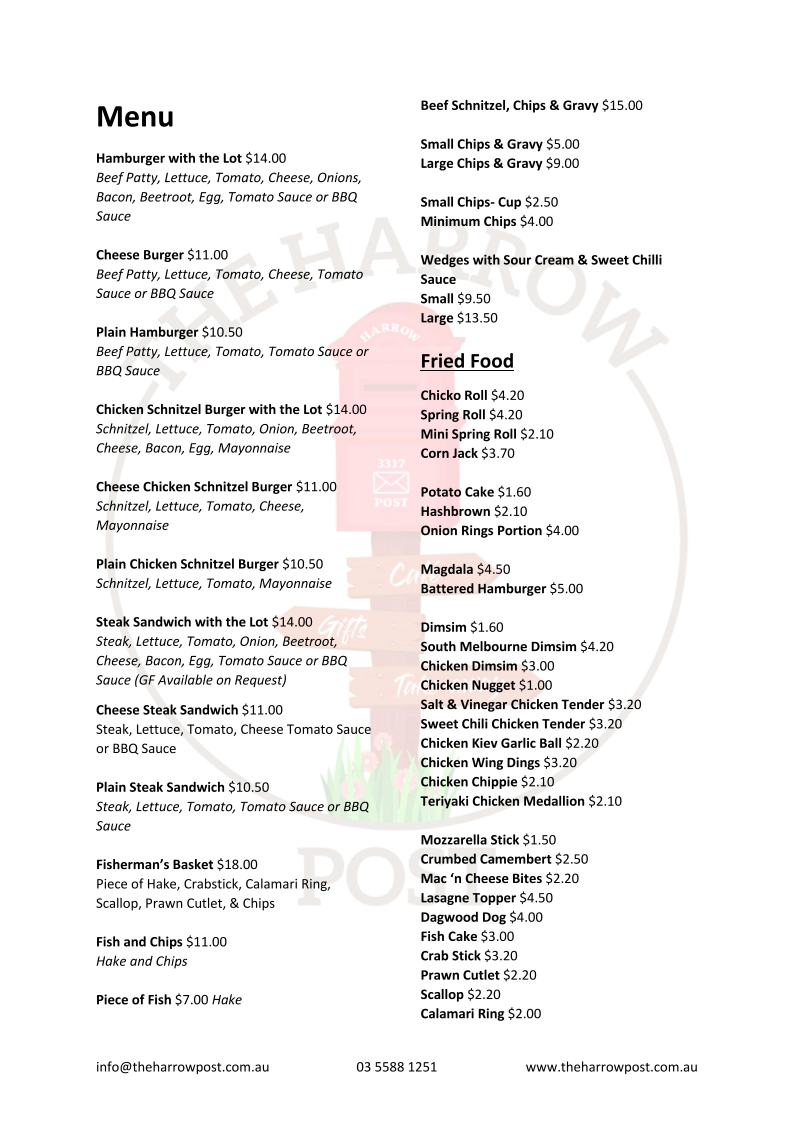 Menu, The Harrow Post