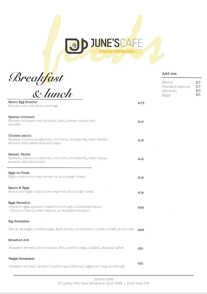 Menu, June's cafe Rochedale South