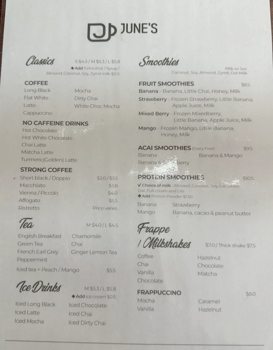 Menu, June's cafe Rochedale South
