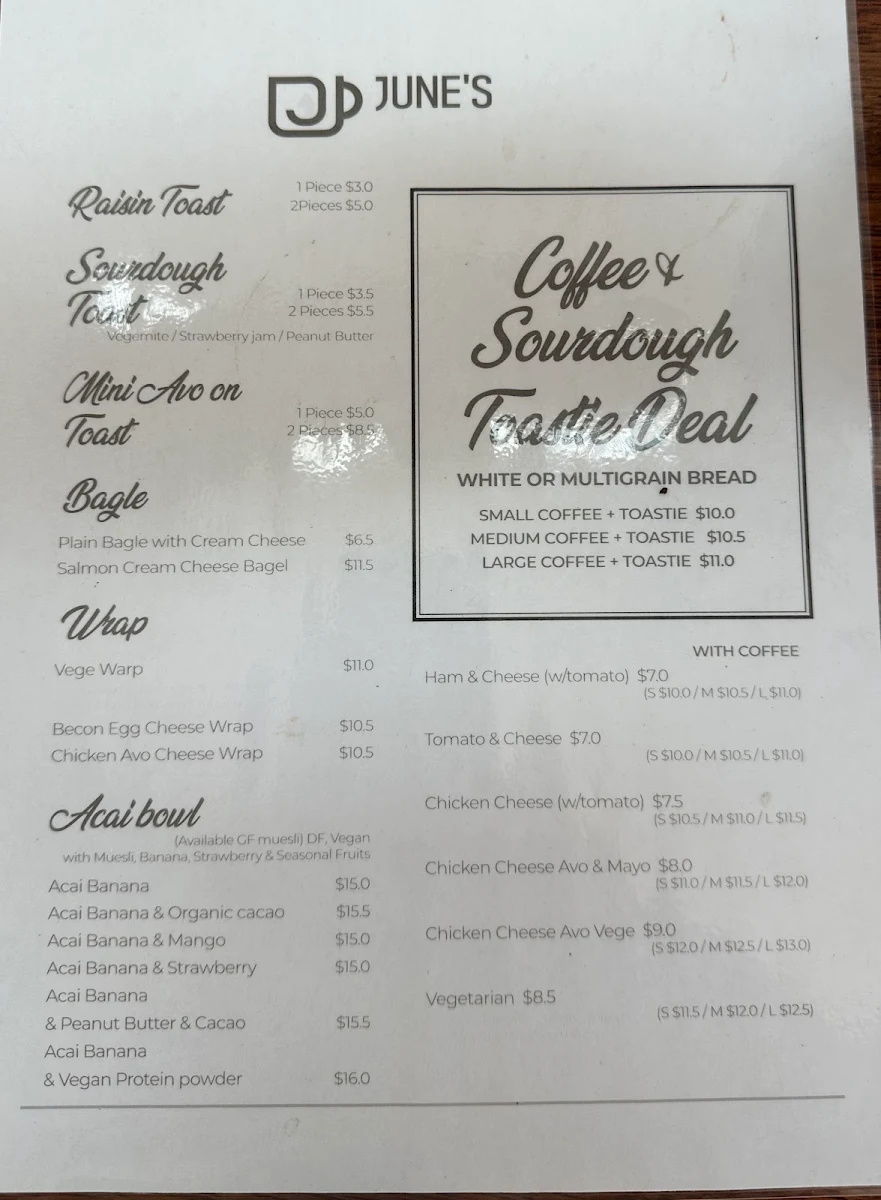 Menu, June's cafe Rochedale South