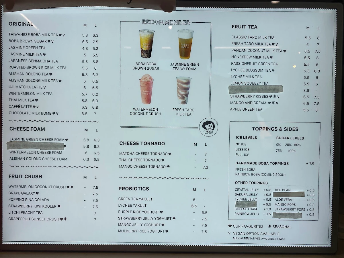 Menu, BOBABOBA MORLEY