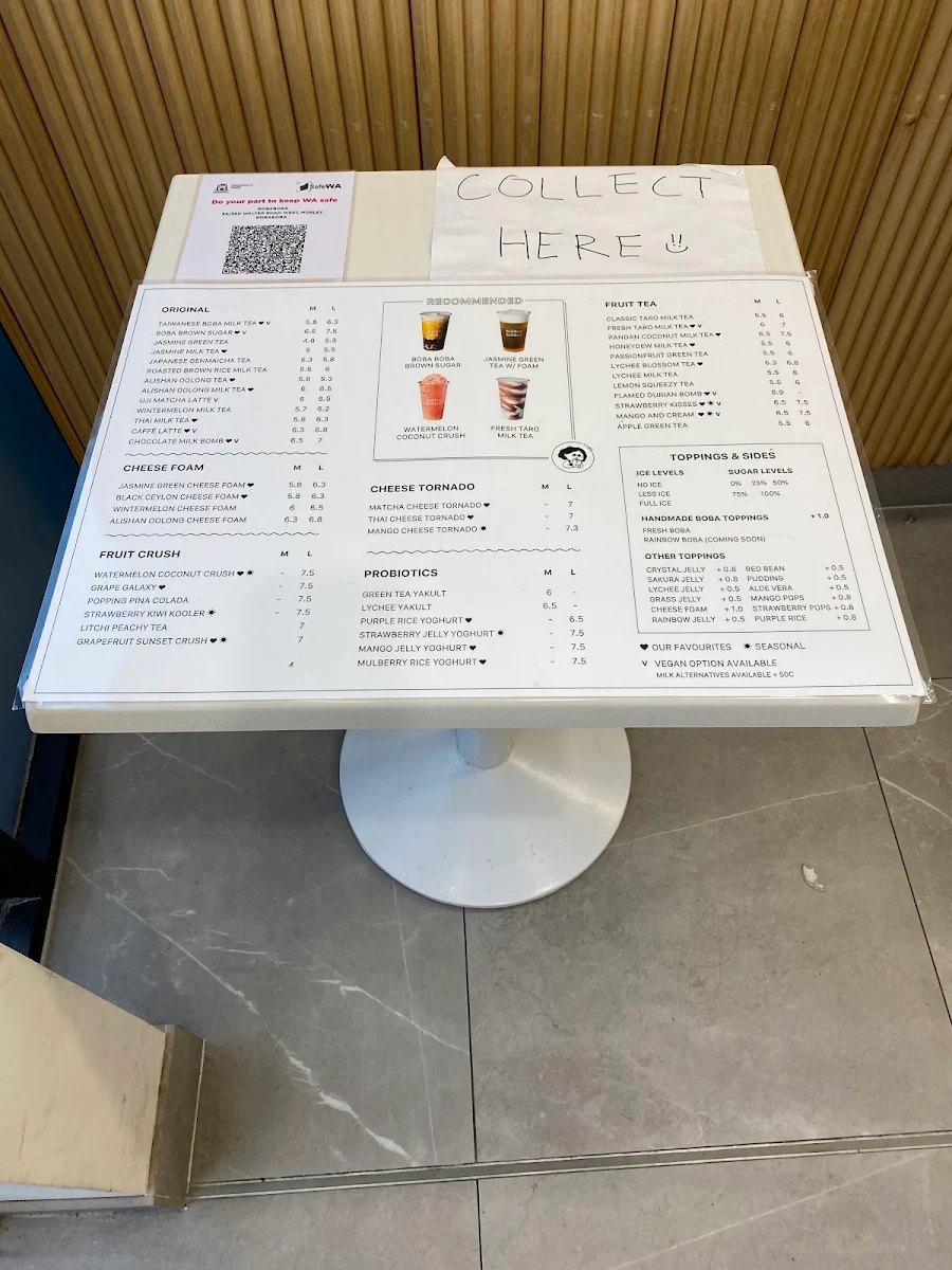 Menu, BOBABOBA MORLEY